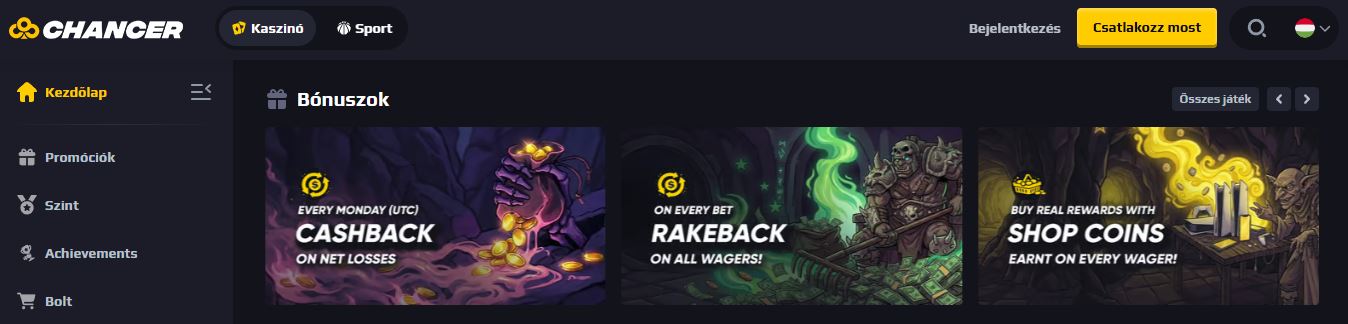 Igényeld a Chancer cashback, rakeback és shop coins bónuszokat a promóciók oldalán