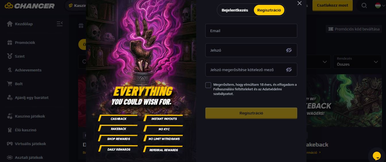 Csatlakozz a Chancer-hez és regisztrálj új fiókot cashback, rakeback és napi jutalmak eléréséhez